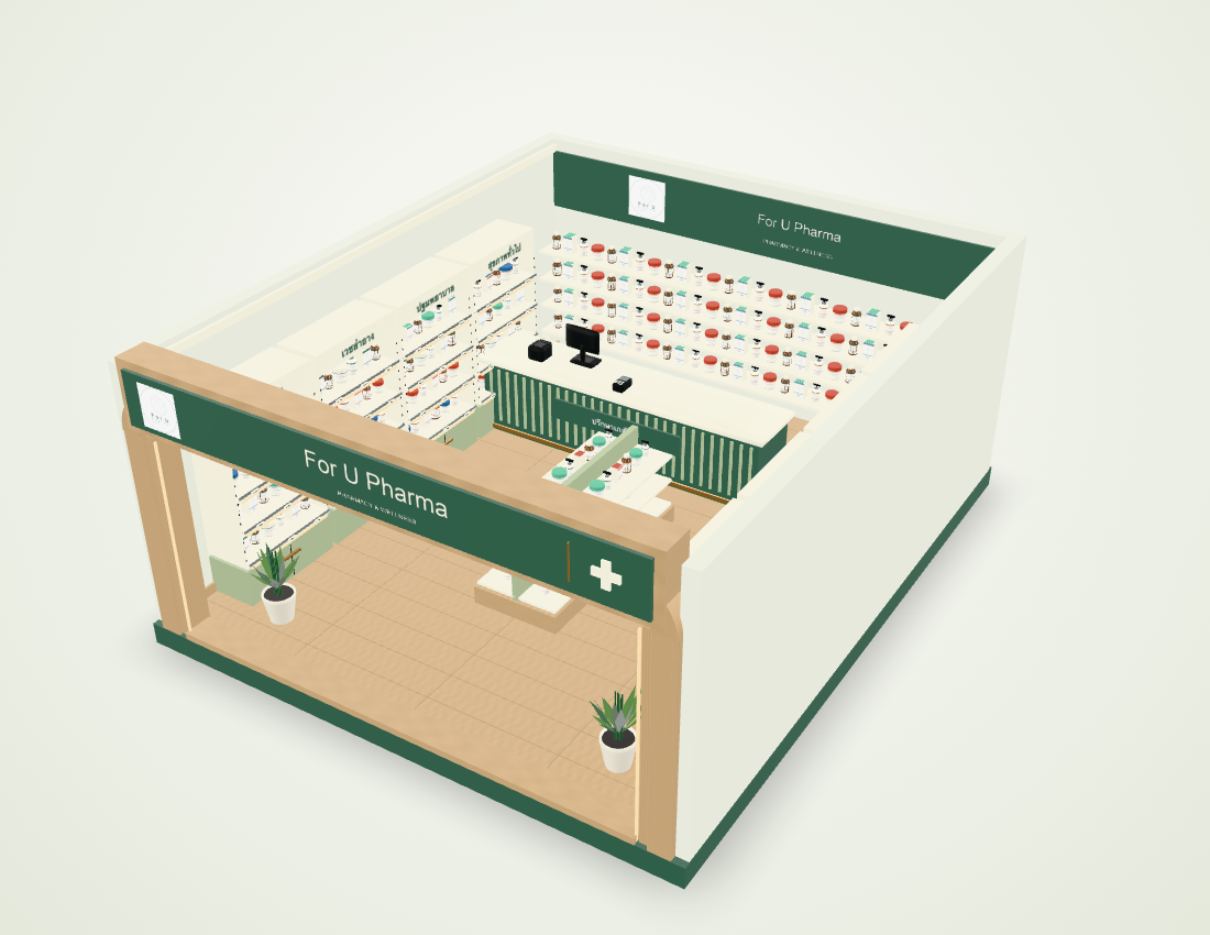 ภาพจำลองร้าน For U Pharma มุมสูง แสดงชั้นวางสินค้าและเคาน์เตอร์เภสัชกร